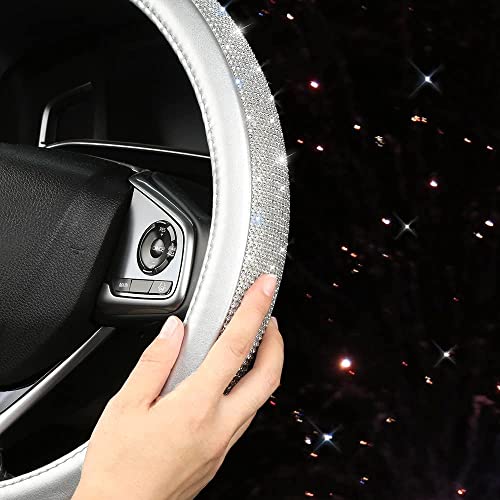 Bling Diamond Steering Wheel Cover, Leather Steering Wheel Covers for Women Girls with Crystal Rhinestones, Breathable, Anti-Slip Universal Fit 14.5-15 Inch Bling Car Accessories(Silver) - color: silver