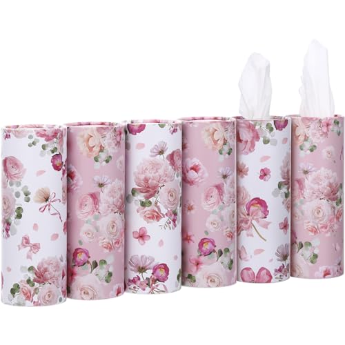 Ctosree 6pk 50 Sheets Car Tissues Holder with Facial Tissues 3-ply Travel Tissue Tubes Box Container Fit for Car Cup Holder Floral Cylinder, 7.1 Inch(Pink,White) - color: Pink,White