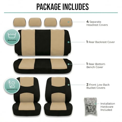 FH Group Flat Cloth Full Set Car Seat Covers Three Row 7 Seater - Universal Fit for Cars, Trucks & SUVs Beige - color: Beige