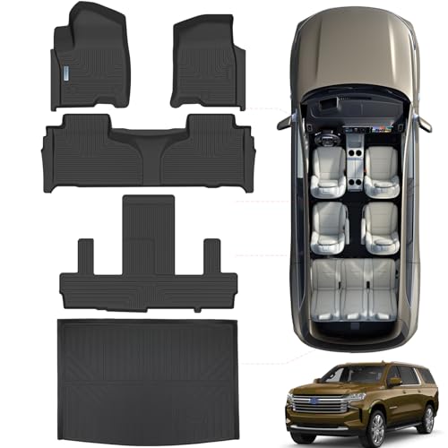 Floor Mats for 2021-2024 2025 Chevrolet Suburban 7 Seats (2nd Row Bucket Seats)（not fit 8 Seats）/ GMC Yukon XL(Only XL) & Trunk mat TPE Floor Liners & Cargo Liner for Chevy - size: 2021-25|For Chevrolet Suburban 7Seats|Full Set