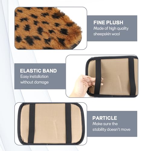 wuyaoyao Car Center Console Cover, 11.8"×7.87" Soft Sheepskin Wool Car Armrest Cover, Leopard Print Auto Armrest Cushion Pad, Furry Vehicle Arm Rest Protector, Universal Car Accessories (Brown)