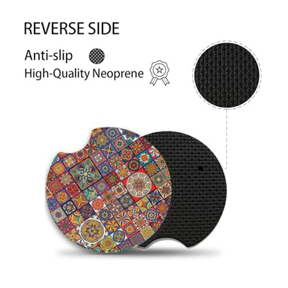 Boho Absorbent Neoprene Car Coasters, 2.75inch Mandala Style, 2 Pack Universal with Finger Slot