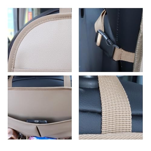 Car Backseat Organizer for Kids, Car Back Seat Storage Bag With 3 Pockets, 2 Drinks Holders, Water Resistant, Kids Toy Storage Kick Mat Back Seat Protector for Toddlers (Beige 1-Pack)
