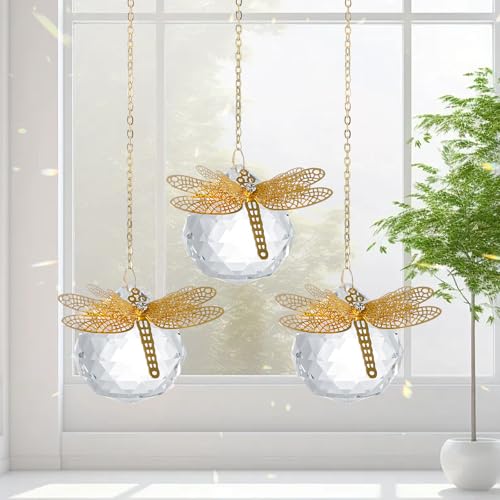Crystal Suncatchers Gold Dragonfly 40mm Crystal Prisms Ball Rainbow Maker with Chain for Window Hanging Decoratioin 3 Pack