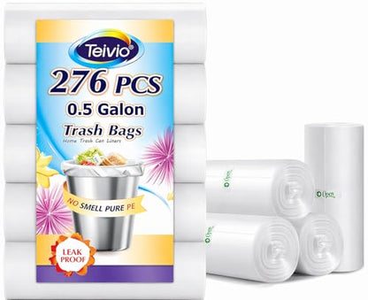 Teivio 0.5 Gallon Mini 12" x 15" Trash Bags, Tiny Bathroom Garbage Can Liners, Small Plastic Bags for Desktop Trash Bin/Dog/Poop Car, Fit 2 Liters or Less Can (276 Counts, Clear)