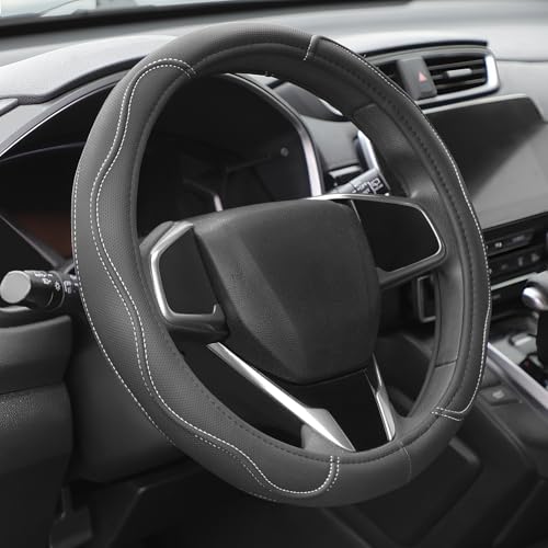 Auto Dynasty Steering Wheel Cover, Breathable Microfiber Leather Car Steering Wheel Protector with Stylish White Wavy Stitch, Anti-Slip, [14 1/2 to 15 Inches] Universal Fit Cars Trucks SUVs - color: Stitched White B