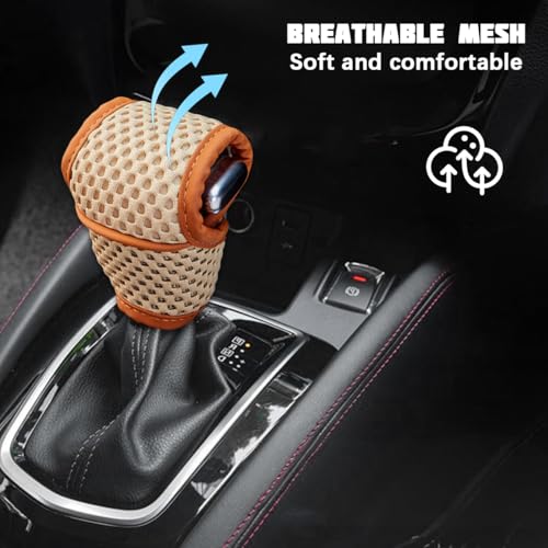 Car Gear Shift Knob Cover, Dust-Proof Soft Breathable Vehicle Manual Stick Handle Shifting Knob Protector, Automotive Interior Shift Lever Decoration, Universal Fit (Beige/Brown line)