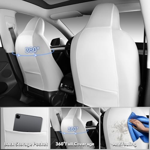 CAR PASS Nappa Leather High Back Front Seat Covers, Tesla Model 3 Model Y Breathable Faux Leather Front Bucket Seat Covers, Anti-Slip Airbag Compatible Universal Fit for Sedan SUV Van Truck, White - color: White High Back, size: Two Front