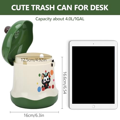 Cute Mini Desktop Trash Can - Small Desk Garbage Bin with One-Touch Press Lid - 6.3 Inch Plastic Waste Basket for Home Office, Bedroom, Vanity, Car - Cat Design (Green)