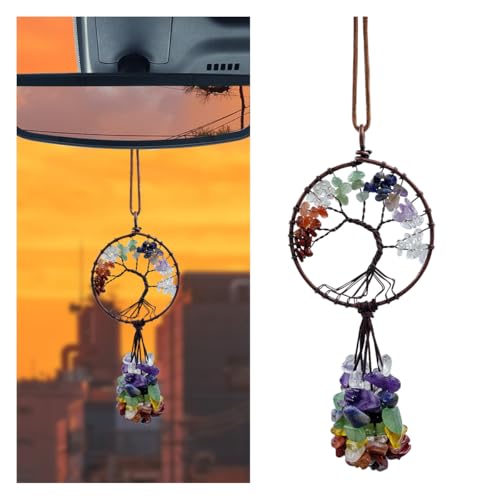 Chakra Colored Stones Car Rear View Mirror Charm, Handmade Auto Mirror Hanging Accessories, Crystal Tree of Life Car Ornament, Lucky Auto Interior Decoration Pendant for Women Men (Round Shape) - color: Round