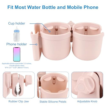 Accmor Stroller Cup Holder with Phone Holder, Bike Cup Holder, Universal Cup Holder for Uppababy Nuna Doona Strollers, 2-in-1 Cup Holder for Walker, Wheelchair, Scooter - color: Double Holder-All Crystal Pink
