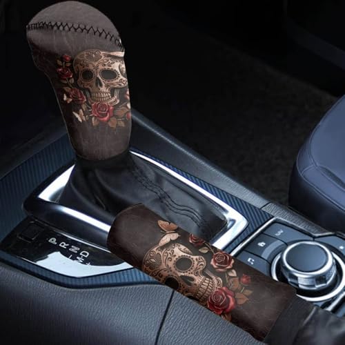 Sugar Skull Rose Print 2 Pcs Car Gear Shift Knob Cover Handbrake Cover Comfortable Vehicle Shift Lever Handle Protector Car Gear Shift Cover Set Universal Fit for Cars - color: Sugar Skull Rose