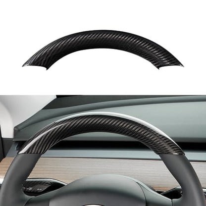 JSWAN Real Carbon Fiber Steering Wheel Cover for Tesla Model 3 2017 to 2023 Model Y 2020 to 2024 Steering Wheel Cover Steering Wheel Wrap Protector Interior Accessories (Bright Black Upper Part)