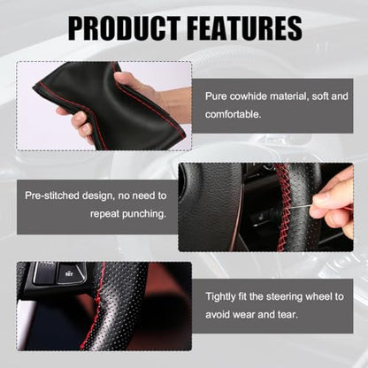 Genuine Leather Steering Wheel Cover, Stitch On Wrap for Steering Wheel up to Diameter 15 Inches, DIY Sewing Steering Wheel Protector, Car Accessories (Black, Glossy) - size: Glossy