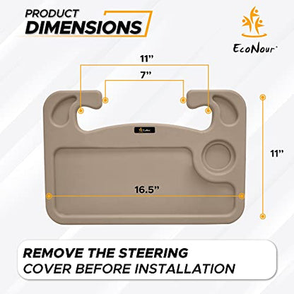 EcoNour 2 in 1 Car Steering Wheel Desk (Beige) | Steering Wheel Tray for Laptop, Eating, Drinks | Rectangular ABS Car Tray with Pen Holder & Cup Holder - size: Medium-Beige