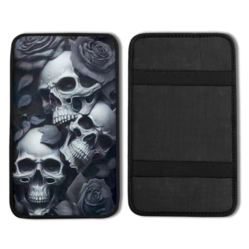 Skull Rose Vehicle Center Console Armrest Cover Pad,Skull Car Accessories Soft Middle Console Cushion Pad,Auto Arm Rest Mat Decor Horror Skeleton Gifts for Women Men Dad for Most Vehicle SUV Truck - color: Skull