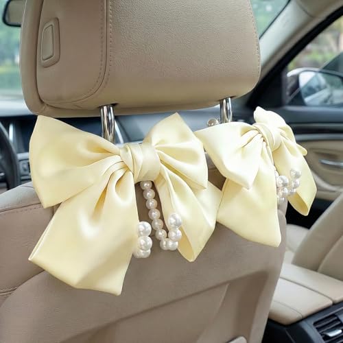 2PCS Satin Bow Pearl Car Seat Headrest Hooks – Car Bag Holder & Vehicle Hanger for Purses – Cute Coquette Aesthetic Interior Decoration – Cute Auto Organizer Accessories Universal (Pearl White) - color: Pearl White