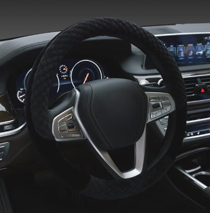 Winter 38cm Premium Soft Short Fur Car Steering Wheel Cover High-Density Warm Plush Steering Wheel Protector Cover Black - color: Black