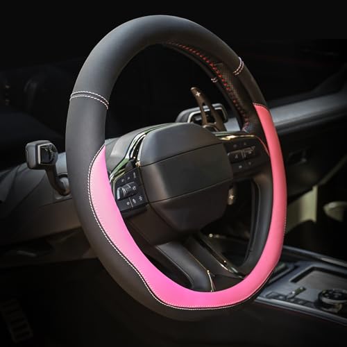 Valleycomfy Microfiber Leather Steering Wheel Cover Universal 15 inch(Pink) - color: Pink, size: Medium(Standard) Size[14.5"-15"]