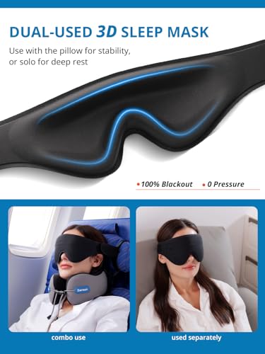 SARISUN Neck Pillow Airplane,Travel Pillow with Strap, Combo with 3D Eye Mask for Sleep, Dual-Density Supportive Foam Airplane Pillow for Long Flights, Car Road Trip Travel Essentials Grey - color: Grey&black