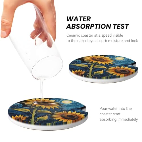 Sunflower Starry Sky Oil Painting Absorbent Ceramic Car Coasters for Cup Holders, 2.56" Anti Slip Insert Cup Coasters for Women Men (2 PCS) - color: Sunflower Starry Sky Oil Painting