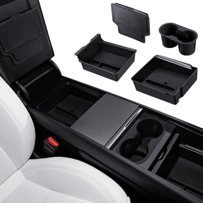 Motrobe 4PCS 2026 Center Console Organizer Tray for Tesla Model Y Juniper (Only Premium & Performance 2025/2026) Model 3 Highland (Standard, Premium & Performance 2024/25/26) Accessories - size: 4PCS Console Tray(Model Y Juniper & 3 Highland)