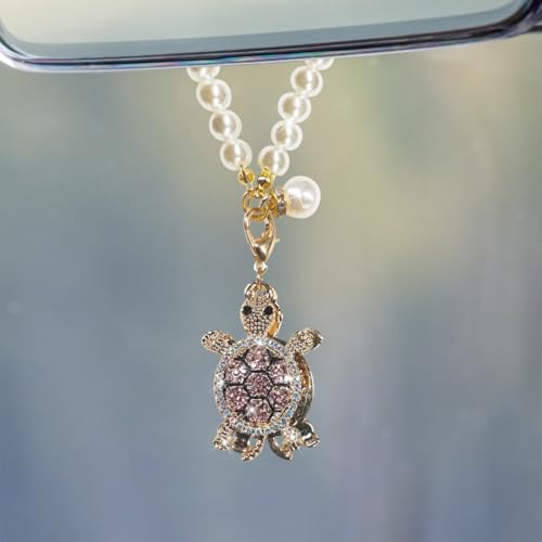 Bling Turtle Car Hanging Ornament, Sparkling Rhinestone Pearl Car Rear View Mirror Charm, Double-Sided Funny Vehicle Interior Pendant Decoration Accessories for Most Cars (Pink) - color: Pink