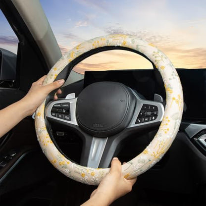 Beige Spherical Flowers Steering Wheel Cover Auto Embroidery Steering Wheel Protector, Anti-Slip, Breathable, Absorbing Sweat, Universal Car Accessories 14.5–15 inch,Fit for Most Car, Trucks, SUV - style: Beige Spherical Flowers JQ