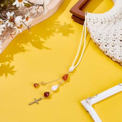 Natural Red Agate Cross Car Hanging Ornament Rearview Mirror Accessories Carnelian Glass Beaded Charms Suncatcher for Car Rear View Mirror Window Balcony Keychain Decor（Red）