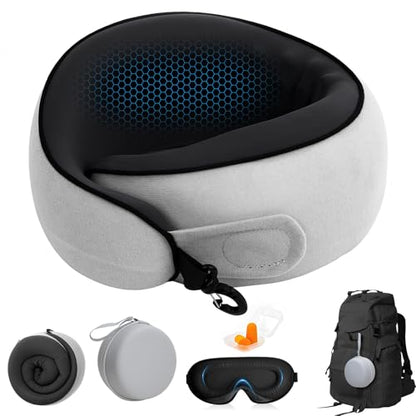 Neck Pain Travel Pillow with 360° Full Support for Rest, Compact Neck Airplane Pillow for Car, Office, Long Flight Kit with Contoured 3D Eye Mask, Earplugs & Portable Storage Box