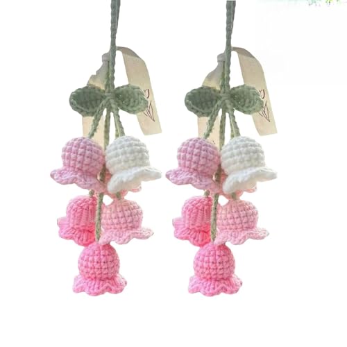 2Pcs Car Decorations Car Hanging Ornaments, Crochet Flowers Bag Charms Decor Cars Rear View Mirror Accessories Hand Knitted Crochet Flower Decor, for Room Backpack Keychain Decoration Pendant (Pink) - color: Pink