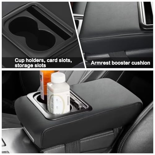 Car Center Console Armrest Pillow with Cup Holder (13.77"*8.26"*2.95") & Phone Holder Waterproof Leather Arm Rest Protector Cushion Car Accessories (Black) - color: Black