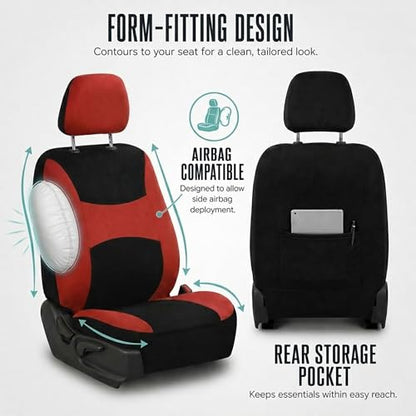 FH Group Car Seat Covers Full Set Cloth, Universal Fit combo, Automotive Covers, Low Back Front Airbag Compatible,Split Bench Rear Seat,Washable Cover for SUV,Sedan,Van Red - color: Red