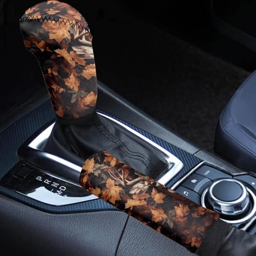Deer Camo Print Car Handbrake Cover Gear Shift Knob Cover Set, Washable Auto Gear Shift Cover Set, Universal Vehicle Accessories Set for Cars Truck SUV, Set of 2 - color: Deer Camo