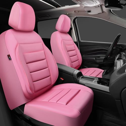 CAR PASS Pink Leather Seat Covers Full Set Universal Water Resistant 3D Foam Back Support, Luxury Comfort Automotive 5 Seat Covers for Women All Season Fit SUV,Sedan,Van, Airbag Compatible Pink - color: All Pink