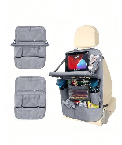 Backseat Car Organizer with Tray, 9 Storage Pockets Back Seat Protector with Foldable Tablet Holder, Waterproof Back of Seat Kick Mats for Kids Adult, Travel Accessories, Gray - color: Gray, size: 1 Pack
