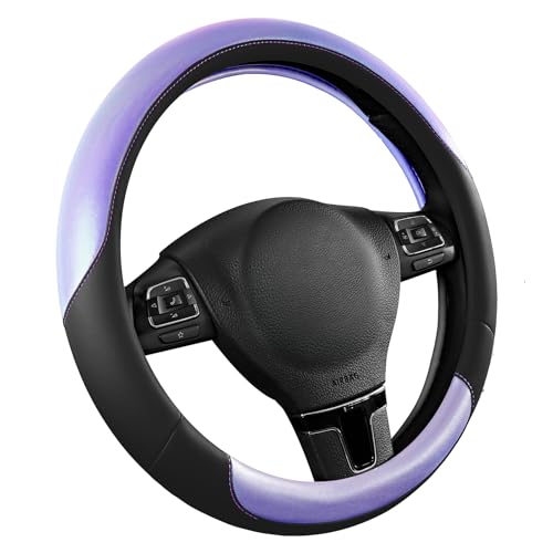 Road Comforts Steering Wheel Cover – Breathable Leather Steering Wheel Cover, Anti-Slip Grip, Universal Fit 14.5” to 15”, Heat & Cold Resistant for Cars, SUVs, and Trucks – Black & Shining Purple - color: Black&Purple
