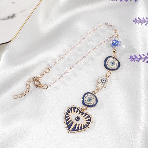 Blue Evil Eye Car Charm - Heart Evileye Rear View Mirror Hanging Ornament for Women, Suncatcher Car Accessory, Aesthetic Beaded Lanyards for Cars Window Balcony Decor - style: Blue Evil Eye