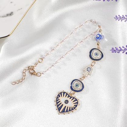 Blue Evil Eye Car Charm - Heart Evileye Rear View Mirror Hanging Ornament for Women, Suncatcher Car Accessory, Aesthetic Beaded Lanyards for Cars Window Balcony Decor - style: Blue Evil Eye