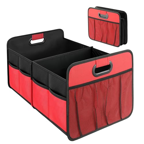 YSSOA 2 Compartments Car Trunk Organizer, 600D Oxford Polyester Car Storage, Anti-slip 14" D x 22" W x 12" H Collapsible Trunk Storage, Suitable for SUV, Minivan, Truck, Red New - color: Red New, size: 1 Pack, style: 2 Compart
