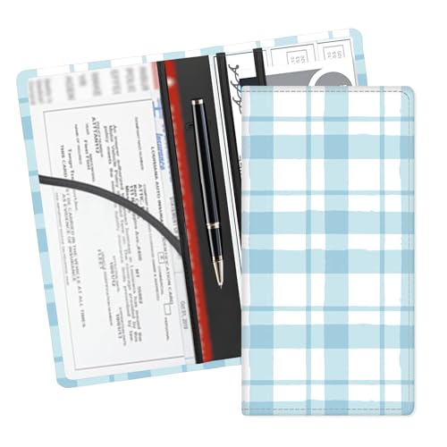 Leather Car Registration and Insurance Card Holder, Cute Car Accessories Vehicle Glove Box Car Organizer for Documents, Cards, License Blue White Plaid - color: Blue White Plaid
