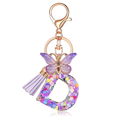 JINGUAZI Initial letter Keychains for Women Tassel Butterfly Pink Purple Cute Car Keychain for Wallet Backpack bag charm - color: D-purple