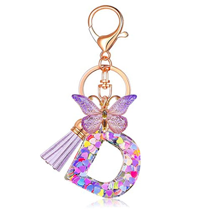 JINGUAZI Initial letter Keychains for Women Tassel Butterfly Pink Purple Cute Car Keychain for Wallet Backpack bag charm - color: D-purple