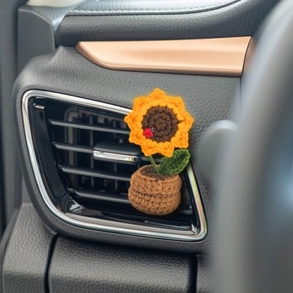 Crochet Sunflower Car Vent Clip, Cute Handmade Knitted Flowers Potted Cars Vent Clips, Automotive Interior Decoration for Women Girl (Sunflower, Yellow)