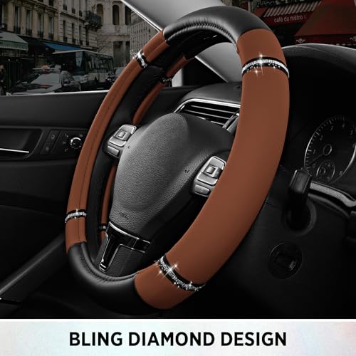 Road Comfort Leather Steering Wheel Cover – Premium Anti-Slip Car Steering Wheel Grip Cover – Universal Fit for 14.5”–15” Cars, Trucks & SUVs - Purple - color: Brown