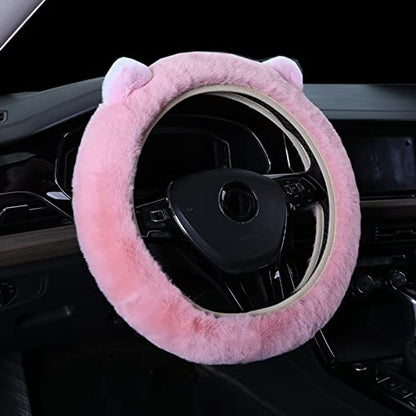 JXJKMMN Cute Fluffy Steering Wheel Cover - Furry Ear, Winter Warm Fuzzy Car Decoration (Pink) - color: Pink