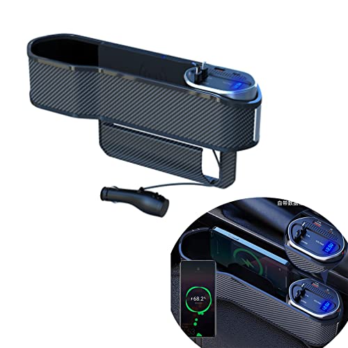 Car Seat Gap Filler Organizer with Wireless Charger,2 USB Ports and 2 Retractable Charging Cable of Type C, iOS, Multifunctional Storage Box with Cup Holder Cigarette Lighter Quick Charge