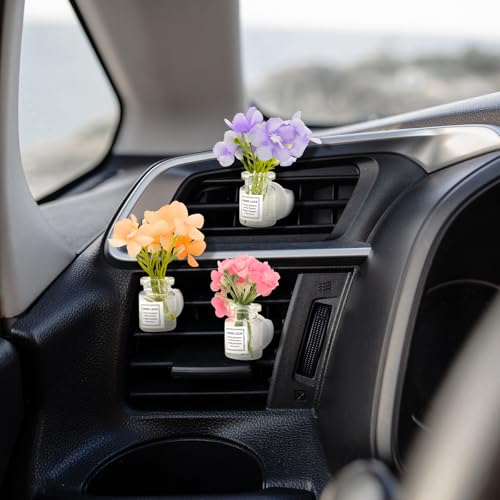 4 Pack Flowers Car Vent Clips, Cute Daisy Plants Vase Air Conditioning Outlet Clip with Fragrance Pads, Charm Scent Perfume Automotive Interior Decorations for Women