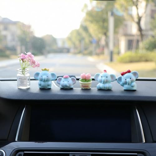 6 Pcs Cute Car Dashboard Decorations Set, Mini Blue Elephants & Flower Ornaments with Traceless Adhesive, Adorable Resin Car Interior Decor Gifts for Women & Friends - size: Elephant Set