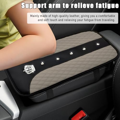Bling Crown Car Center Console Mats, Anti-Slip and Waterproof Crystal Car Armrest Pad Protector, Universal Rustproof Armrest Decor Cushion for Cars & SUVs, Car Accessories (Gray) - color: Gray
